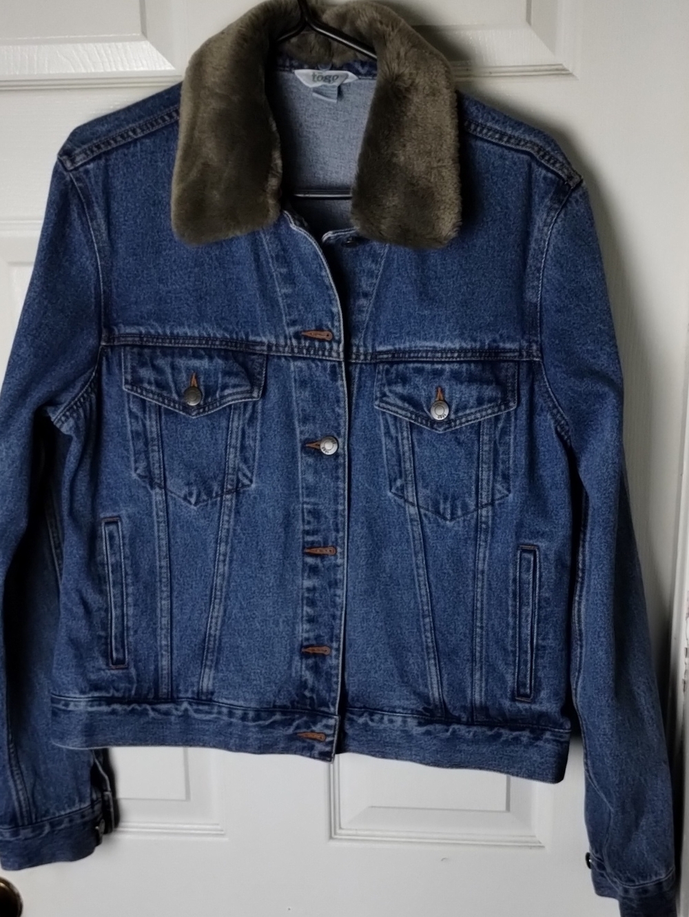 TOGO Denim Large Women's Jacket With Removable Plush Fur Trim Collar Y2K Boho